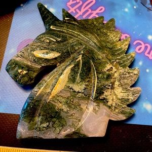 Large crystal unicorn multicolored moss agate